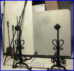10 Pc Antique HUGE IRON HEARTH ANDIRONS SET FIREPLACE TOOLS 5' Foot Pokers