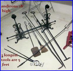 10 Pc Antique HUGE IRON HEARTH ANDIRONS SET FIREPLACE TOOLS Hand Wrought