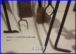 10 Pc Antique HUGE IRON HEARTH ANDIRONS SET FIREPLACE TOOLS Hand Wrought