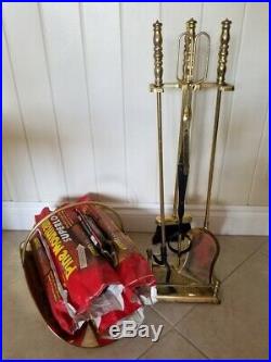 11-Pcs Antique Brass Fireplace & Hearth Set Wood Basket, Holder, Tools & Logs