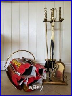 11-Piece Brass Fireplace & Hearth Set Wood Basket, Holder, Tools & Logs