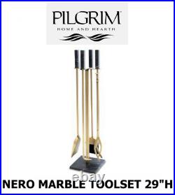 18062 Nero Marble Fireplace Tool Set, Burnished Brass & Black Marble, 29high