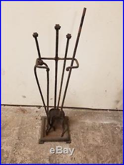 1890's Antique Fireplace Tools Set Cast Iron 4 Piece Set And Stand Rare Original
