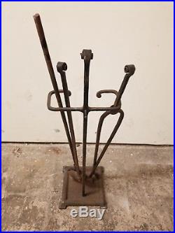 1890's Antique Fireplace Tools Set Cast Iron 4 Piece Set And Stand Rare Original