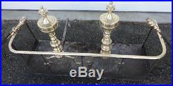 18thc. Set Antique Federal Fireplace seamed urn brass andirons wire fender tools