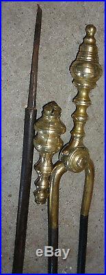 18thc. Set Antique Federal Fireplace seamed urn brass andirons wire fender tools