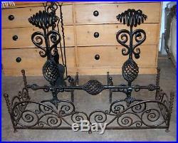 1920's Era Wrought Iron Fireplace Set-Fender, Andirons and Tools Ornate Design