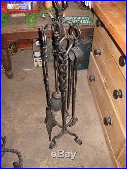 1920's Era Wrought Iron Fireplace Set-Fender, Andirons and Tools Ornate Design