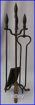 1920s Fireplace Tools Set Unique Hammered Base Iron Home Hearth Antique (6762)