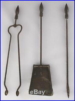 1920s Fireplace Tools Set Unique Hammered Base Iron Home Hearth Antique (6762)