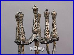 1920s Four Piece Fire Tool Set Silver Tone w Hammered Texture Fireplace (8993)