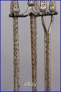1920s Four Piece Fire Tool Set Silver Tone w Hammered Texture Fireplace (8993)