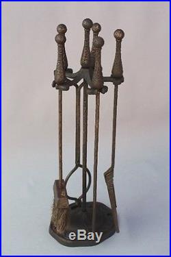 1920s Four Piece Iron Fire Tool Set Hammered Fireplace Antique Vintage (8338)