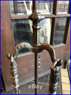 1920s Tudor Revival Hand Hammered Fireplace Tool Set with Stand Hearth Home