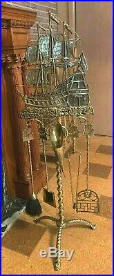 1930's Large Brass Nautical Don Fernando Ship motif Fireplace Tool Set