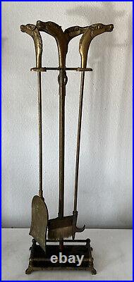 1950's5pc BRASS Fireplace Tools HORSE HEAD HANDLES BroomPoker Shovel Tongs Stand