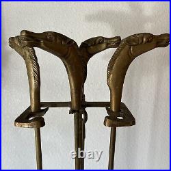 1950's5pc BRASS Fireplace Tools HORSE HEAD HANDLES BroomPoker Shovel Tongs Stand