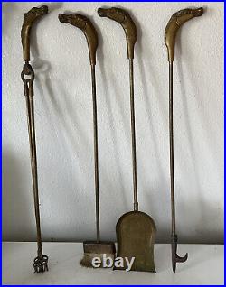 1950's5pc BRASS Fireplace Tools HORSE HEAD HANDLES BroomPoker Shovel Tongs Stand
