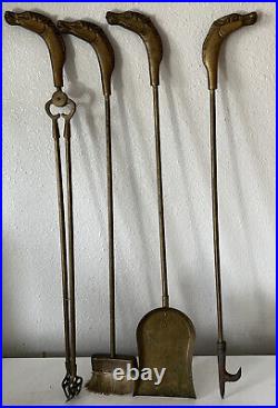 1950's5pc BRASS Fireplace Tools HORSE HEAD HANDLES BroomPoker Shovel Tongs Stand