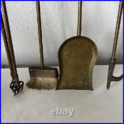 1950's5pc BRASS Fireplace Tools HORSE HEAD HANDLES BroomPoker Shovel Tongs Stand