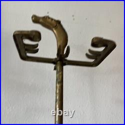 1950's5pc BRASS Fireplace Tools HORSE HEAD HANDLES BroomPoker Shovel Tongs Stand