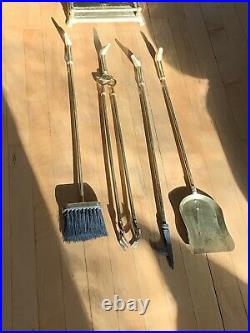 1960's Vintage Duck Head Brass Fireplace Set 4 Tools with Brass Base MCM