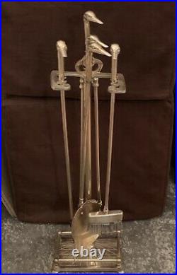 1960's Vintage Duck Head Brass Fireplace Set 4 Tools with Brass Base MCM