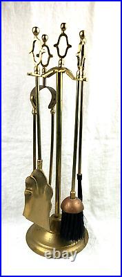 1960s MCM Brass Handle Iron Retro Fireplace Tool Set Stand Fleur de Lis Pattern