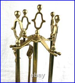 1960s MCM Brass Handle Iron Retro Fireplace Tool Set Stand Fleur de Lis Pattern