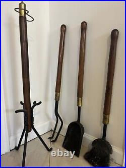 1960s Seymour Mid-Century Modern Long Teak Handle Fireplace Tool Set 4 Pieces