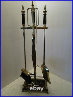 1970's Metal 5 pc Fireplace Tool Set stand marble Handles & base Retro