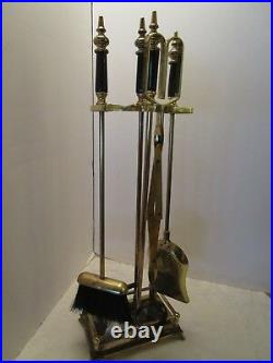 1970's Metal 5 pc Fireplace Tool Set stand marble Handles & base Retro