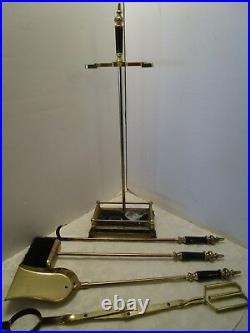 1970's Metal 5 pc Fireplace Tool Set stand marble Handles & base Retro