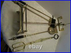 1970's Metal 5 pc Fireplace Tool Set stand marble Handles & base Retro