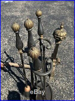 19th Century Antique Gilt Bronze & Iron Andirons & Matching Fireplace Tool Set