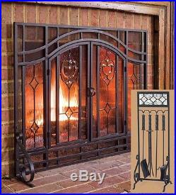 2-Door Floral Fireplace Screen with Glass Panels & Tool Set, in Black