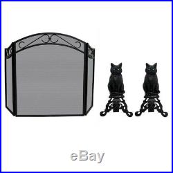 2 Piece Fireplace Tool Set with Cast Iron Cats & Fold Arch Top Screen in Black