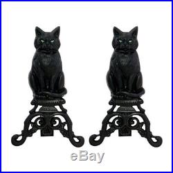 2 Piece Fireplace Tool Set with Cast Iron Cats & Fold Arch Top Screen in Black
