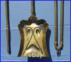 3 Antique Victorian Art Nouveau Brass Iron Shovel Tongs Fireplace Set Fire tools