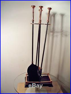 3 PIECE SET OF COPPER TOPPED BLACK IRON FIREPLACE TOOL SET WITH STAND