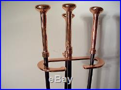 3 PIECE SET OF COPPER TOPPED BLACK IRON FIREPLACE TOOL SET WITH STAND