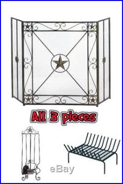 3 Panel Lone Star Fireplace Screen Tool Set and Grate Home Heating Combination