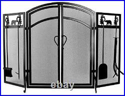3-Panel Solid Fireplace Screen with 2 Doors and Fire Place Tools Sets Dark Black