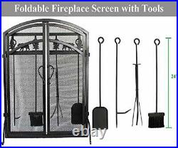 3-Panel Solid Fireplace Screen with 2 Doors and Fire Place Tools Sets Dark Black