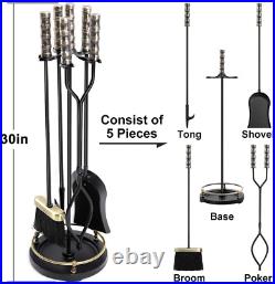 30in Fireplace Tools Set Brass Handle 5Pieces Wrought Iron Indoor Fireset NEW