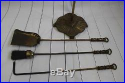 3547 Vtg Fireplace Tools Brass Wrought Iron Mid Century Heavy Duty 4 Pieces Set