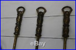 3547 Vtg Fireplace Tools Brass Wrought Iron Mid Century Heavy Duty 4 Pieces Set