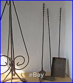 38 tall Large ANTIQUE Vintage Iron Fireplace Tools Holder & Tool Set