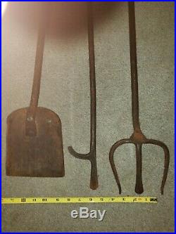 3EA Set Vintage Wrought Iron Fireplace Tools Rake Extra Long Hand forge antique