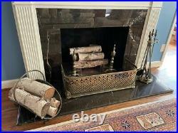 4 Piece Brass Fireplace Set with Hearth Fender, Basket, 3 pc Tool Stand, Andirons